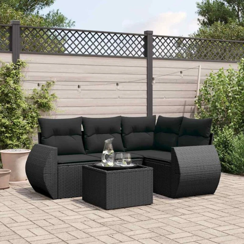 vidaXL 5-deles havesofasæt med hynder i polyrattan sort
