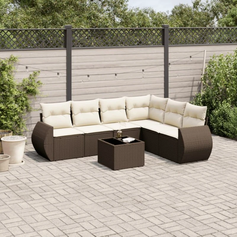 vidaXL 7-deles havesofasæt med hynder i polyrattan brun