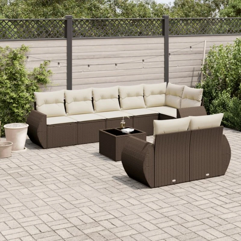 vidaXL 9-deligt polyrattan sofasæt med hynder, brun