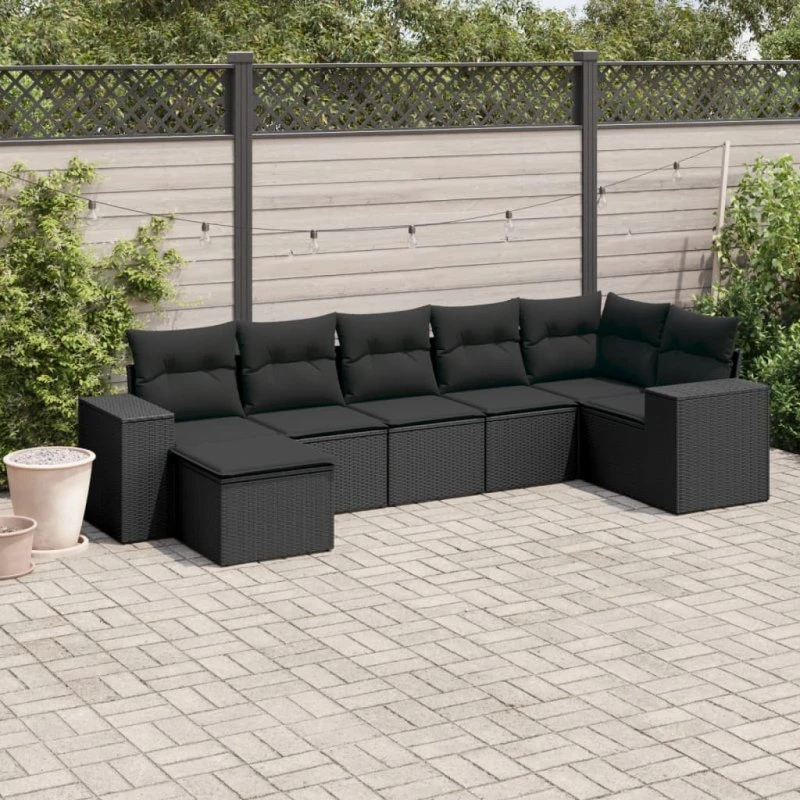 vidaXL 7-deles havesofasæt med hynder i polyrattan, sort