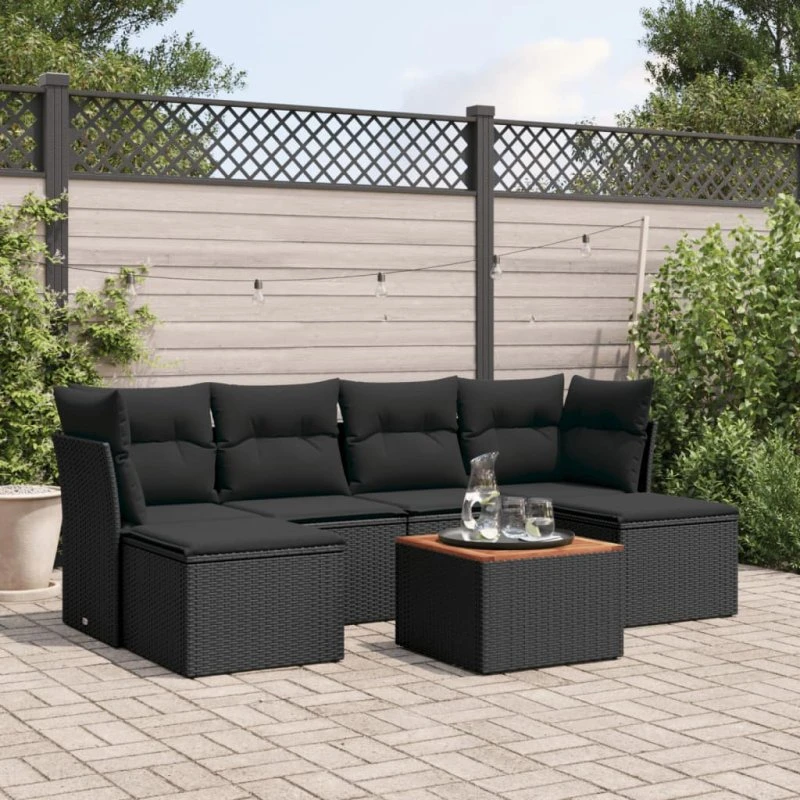 vidaXL 7-delssofasæt med hynder i polyrattan sort