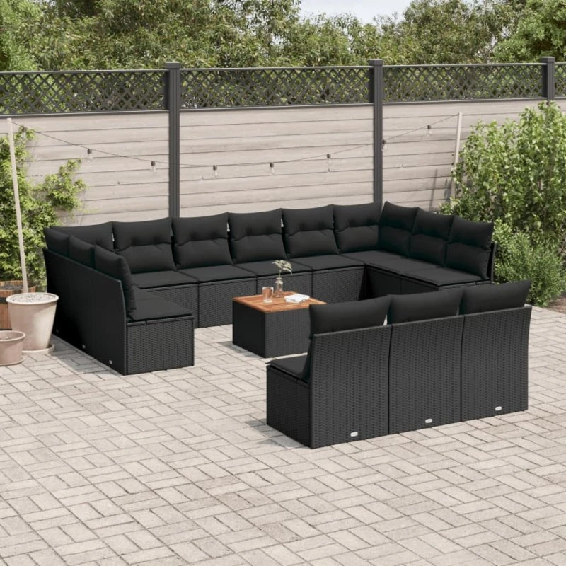 vidaXL 14-delssofasæt med hynder i polyrattan, sort