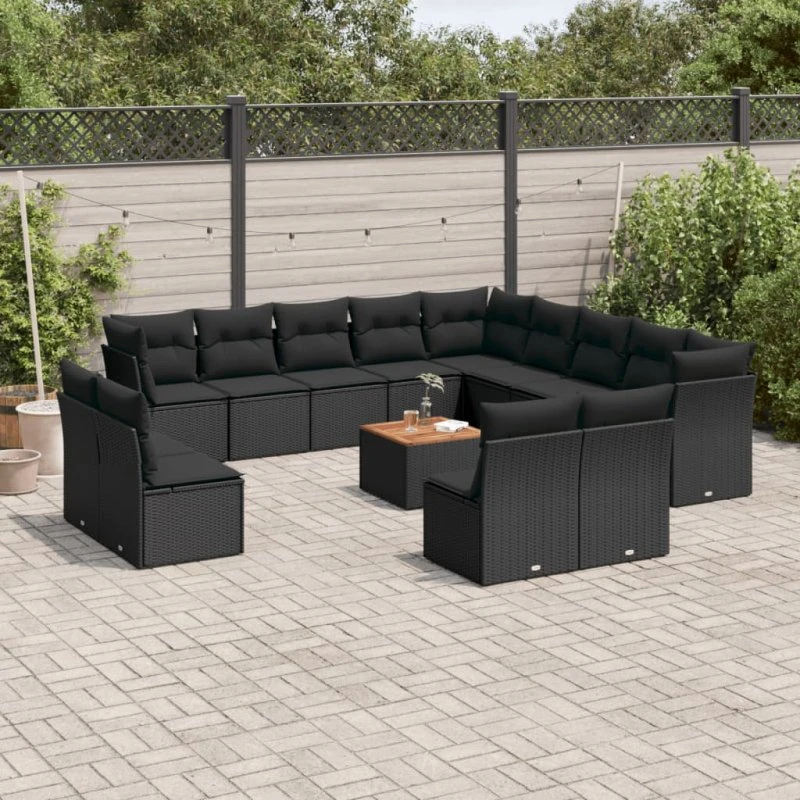 vidaXL 14-delssofasæt med hynder, polyrattan, sort