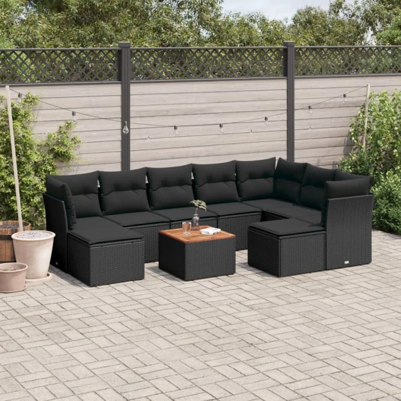 vidaXL 10-delssofasæt med hynder i polyrattan sort