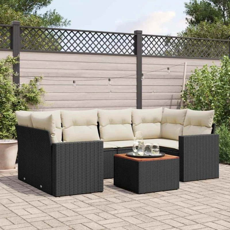 vidaXL 7-delssofasæt med hynder i polyrattan sort