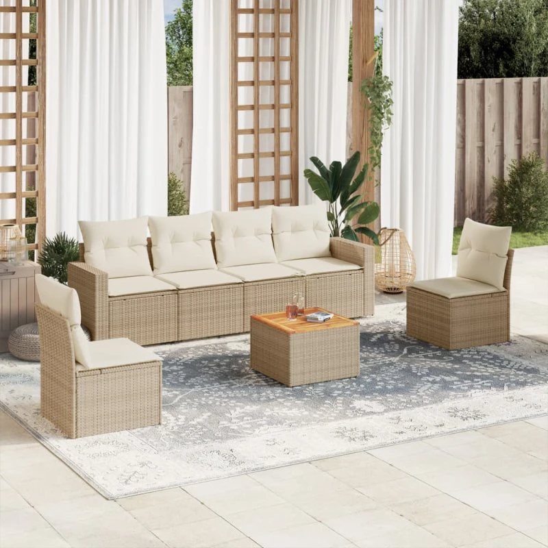 vidaXL 7-deles havesofasæt med hynder i polyrattan beige