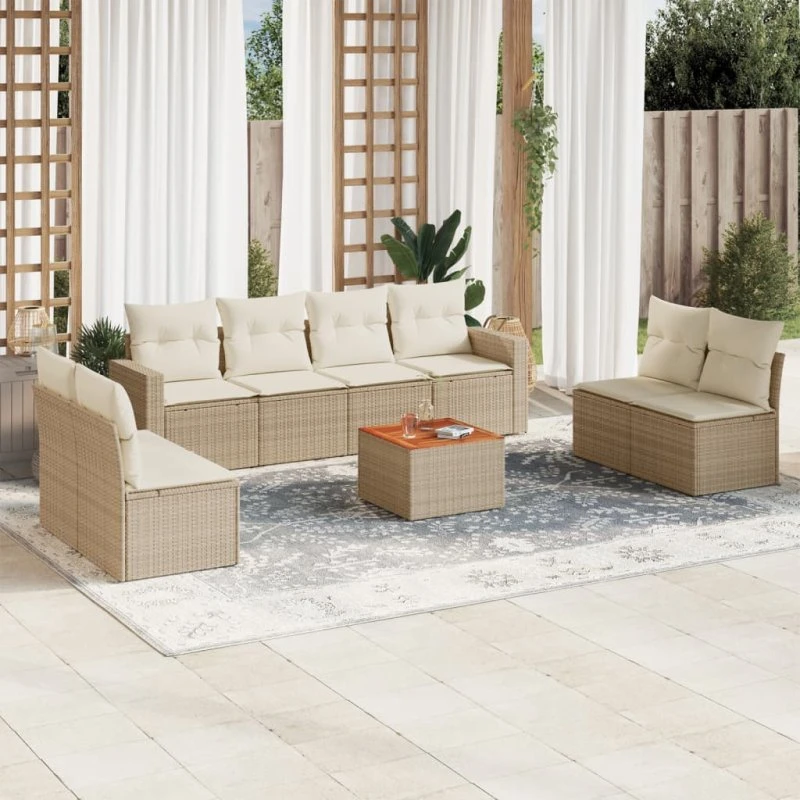 vidaXL 9-deligt havesofasæt med hynder, polyrattan beige