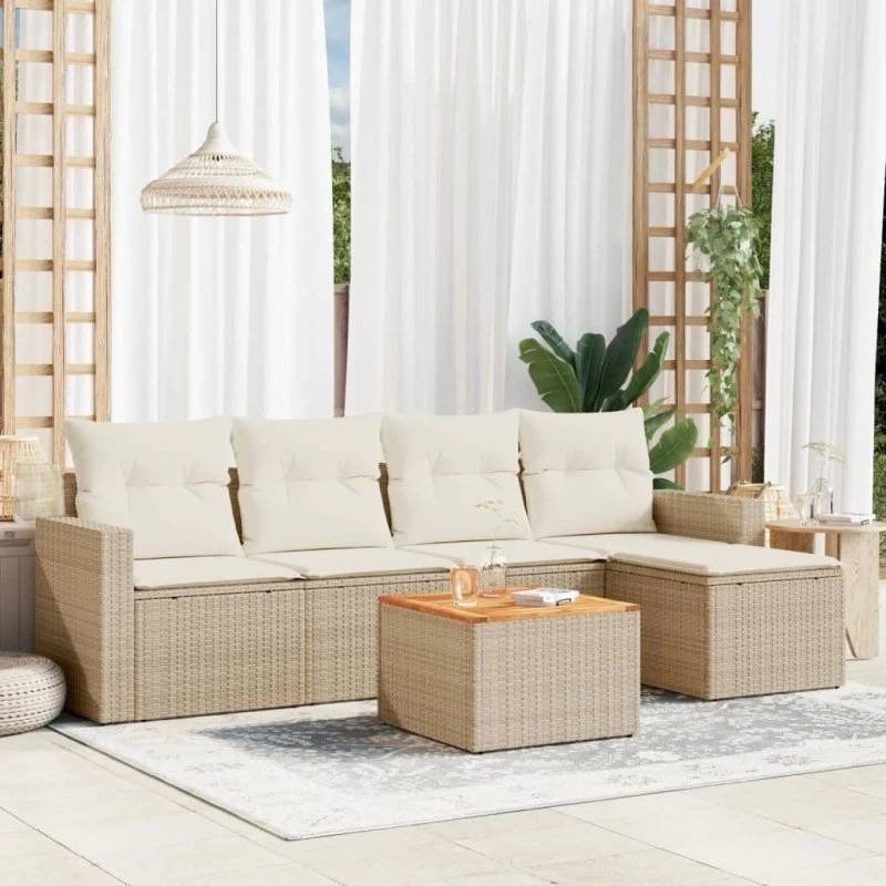 vidaXL 6-delsofasæt med hynder i polyrattan, beige