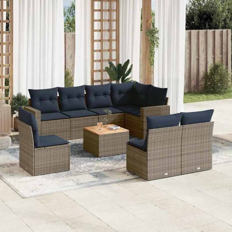 vidaXL 9-delssofasæt med hynder i polyrattan grå