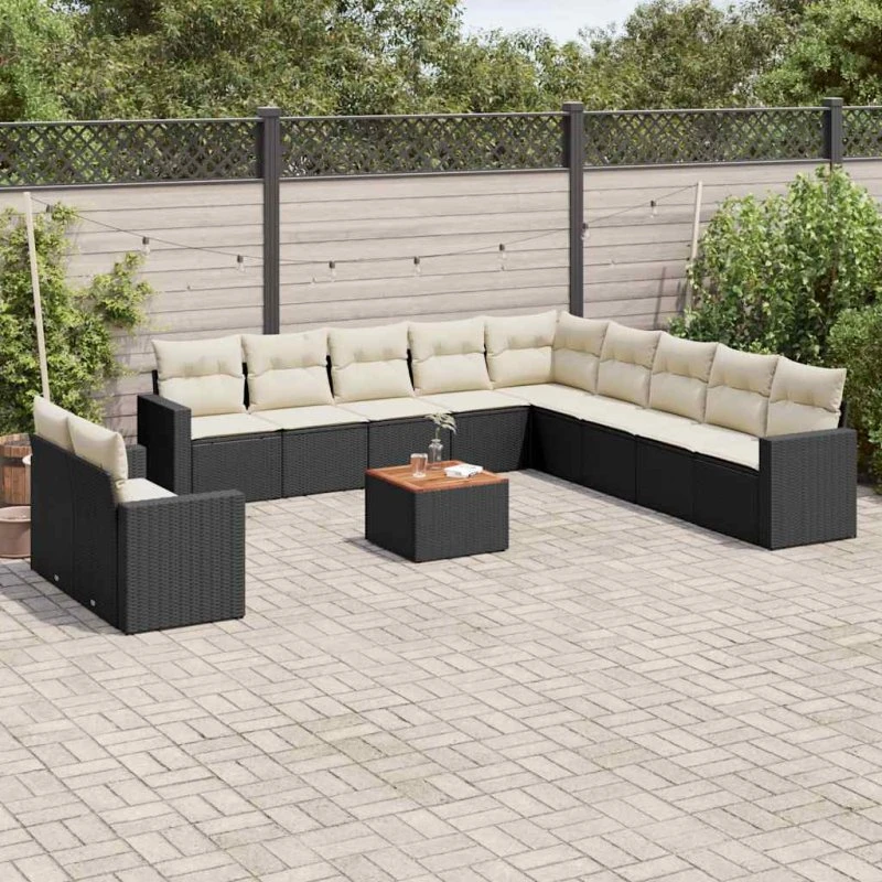 vidaXL 12-delssofasæt med hynder i polyrattan, sort