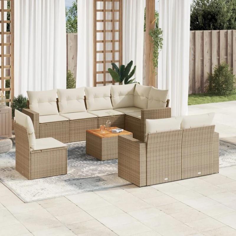 vidaXL 9-delssæt polyrattan beige med hynder og bord