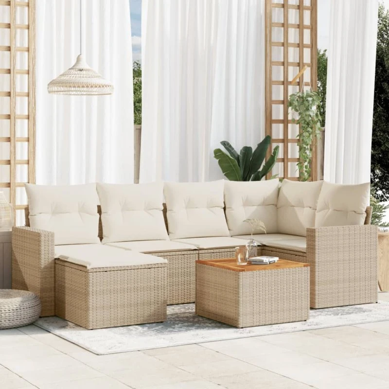 vidaXL 7-delers havesofasæt med hynder i polyrattan, beige