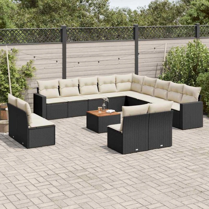 vidaXL 14-delssofasæt med hynder i polyrattan, sort