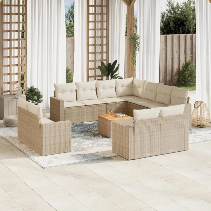 vidaXL 12-delssofasæt med hynder i polyrattan, beige