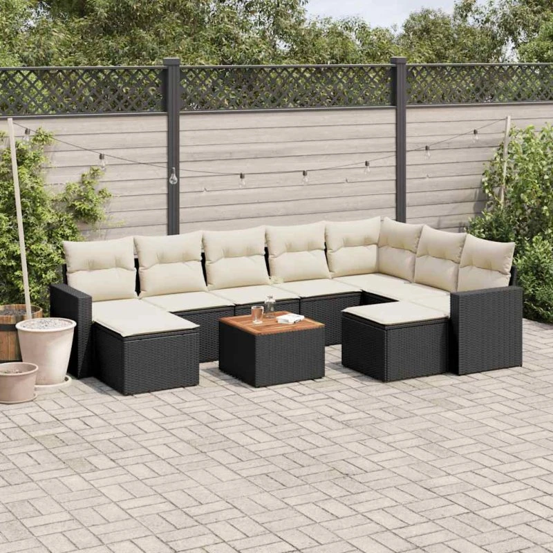 vidaXL 10-delssofasæt med hynder i polyrattan sort