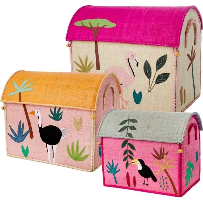 Rice Raffia Opbevaringskurve - Jungle Animals - Pink - 3 stk