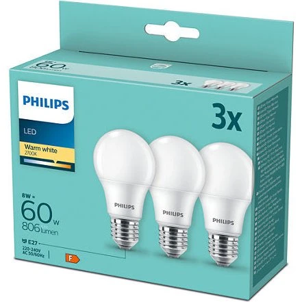 Philips LED Pære E27 8W=60W 2700K 806lm Mat 3-pak