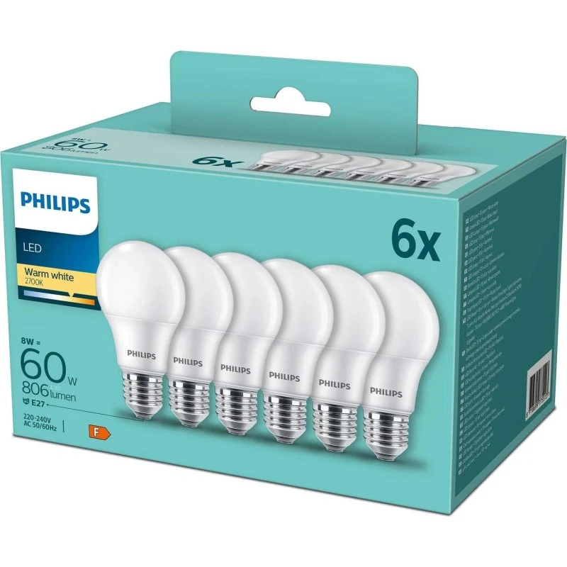 Philips 6-pak LED E27 8W 2700K Frosted 806lm