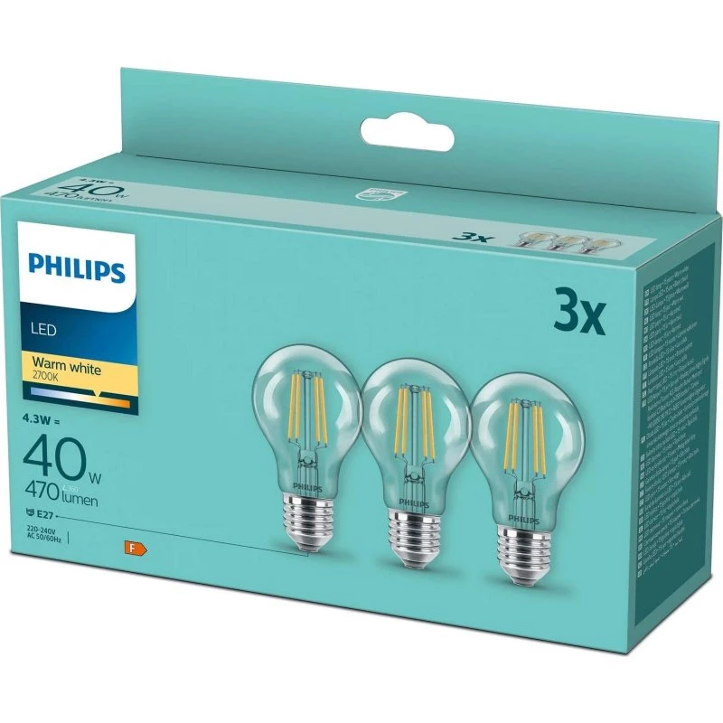 Philips 3-pak LED E27 Normal Klar 40W 470lm