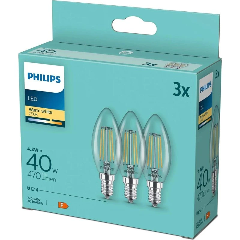 Philips LED E14 Crown 4,3W Klar 2700K 3-pak