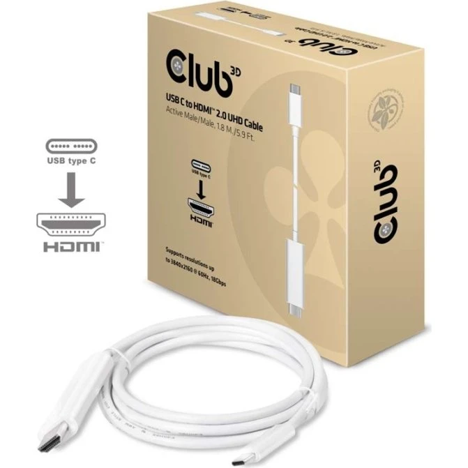 Club 3D CAC-1514 USB-C til HDMI 2.0 aktiv kabel 1,8 m hvid