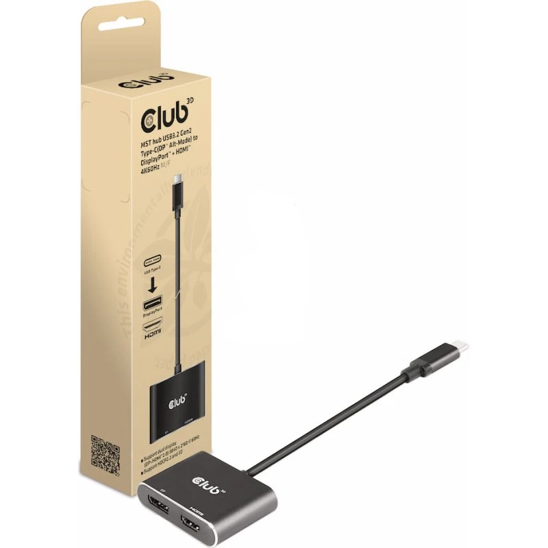 Club 3D CSV-1552 USB-C til HDMI & DisplayPort 4K60, sort, 20 cm