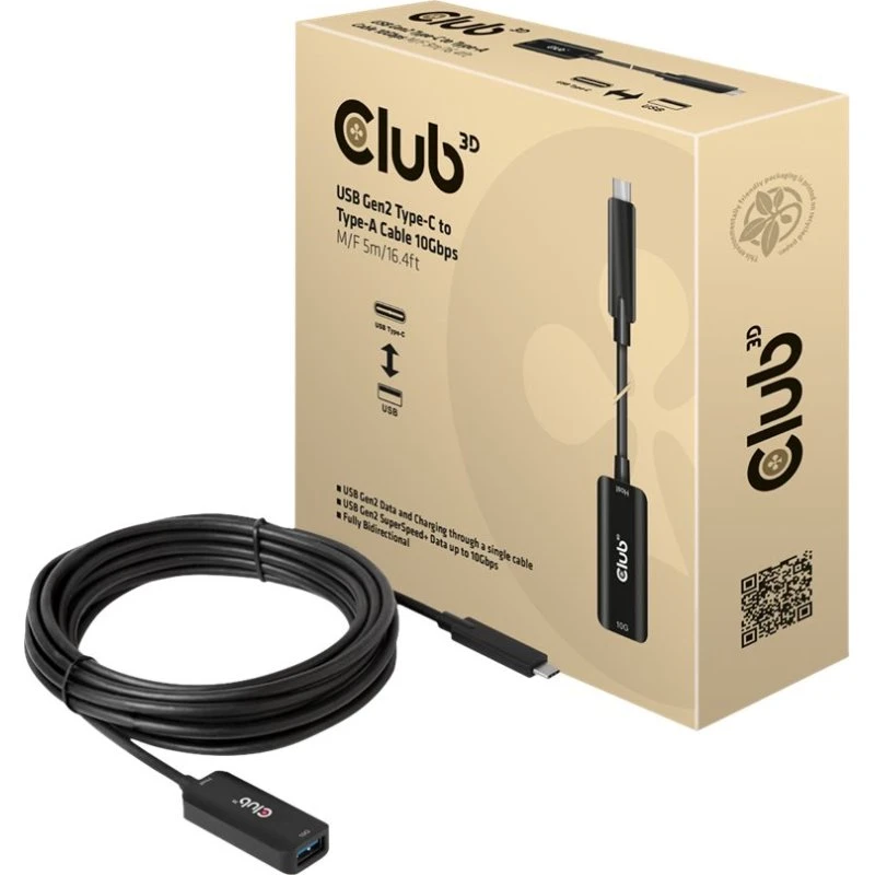 Club 3D USB-C til USB-A 5m, 10 Gbps, tovejs strøm, sort
