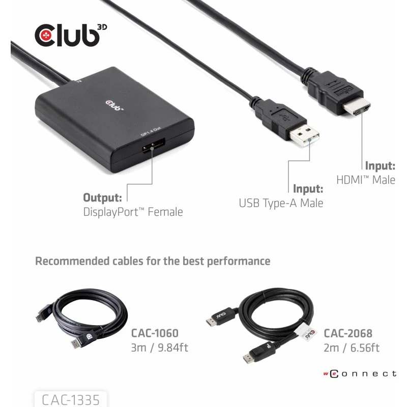 Club 3D CAC-1335 HDMI til DisplayPort aktiv adapter med USB-kabel, sort