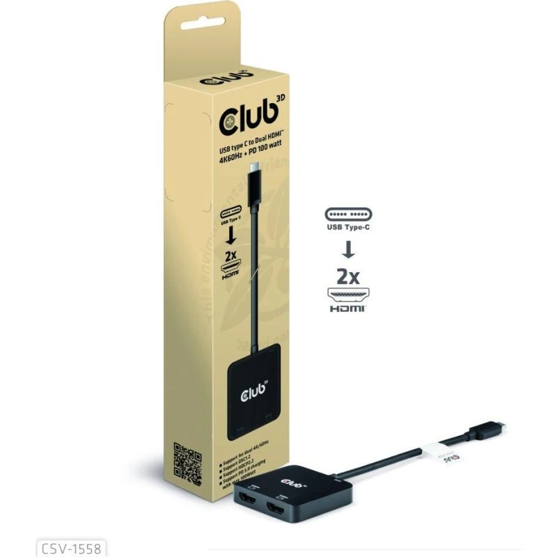 Club3D USB-C til 2x HDMI 4K60, sort