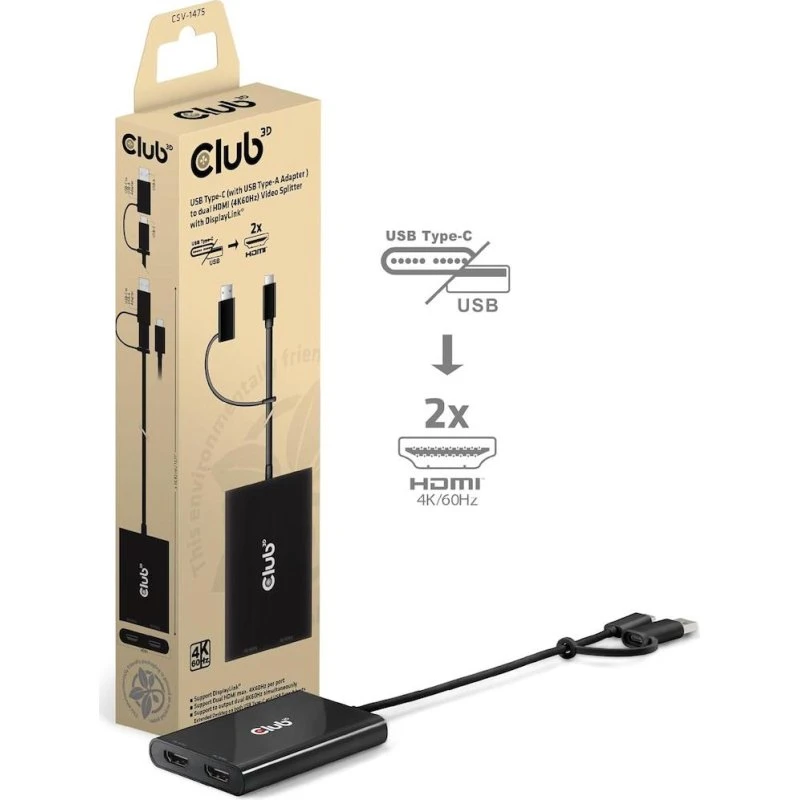 Club3D USB-C/USB-A til 2x HDMI 4K 60Hz Adapter