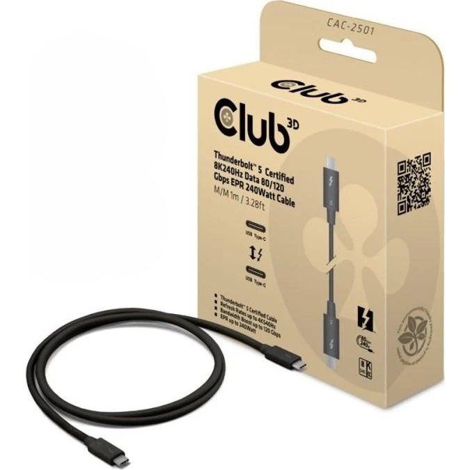 Club 3D Thunderbolt 5-kabel 1 m, 8K240Hz, 240 W EPR, USB-C han/han