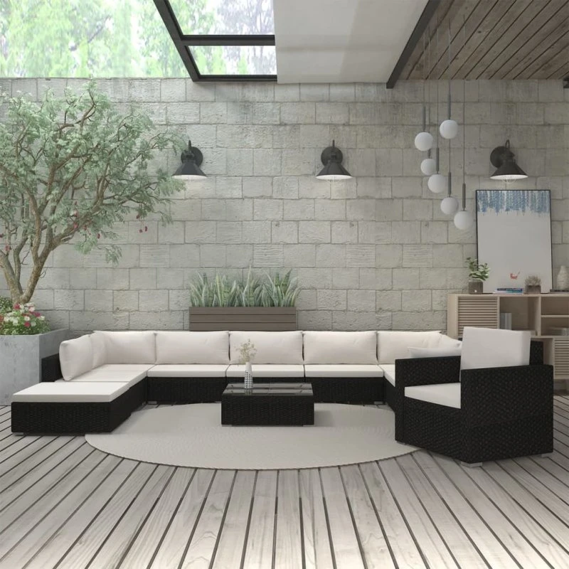 vidaXL Haveloungesæt 11 dele med hynder, polyrattan sort