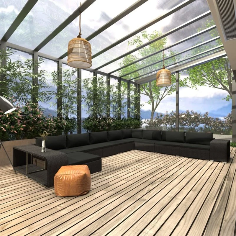 vidaXL Haveloungesæt 11 dele med hynder polyrattan sort