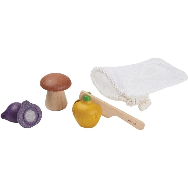 PlanToys Veggie Set – trægrøntsager med kniv og pose