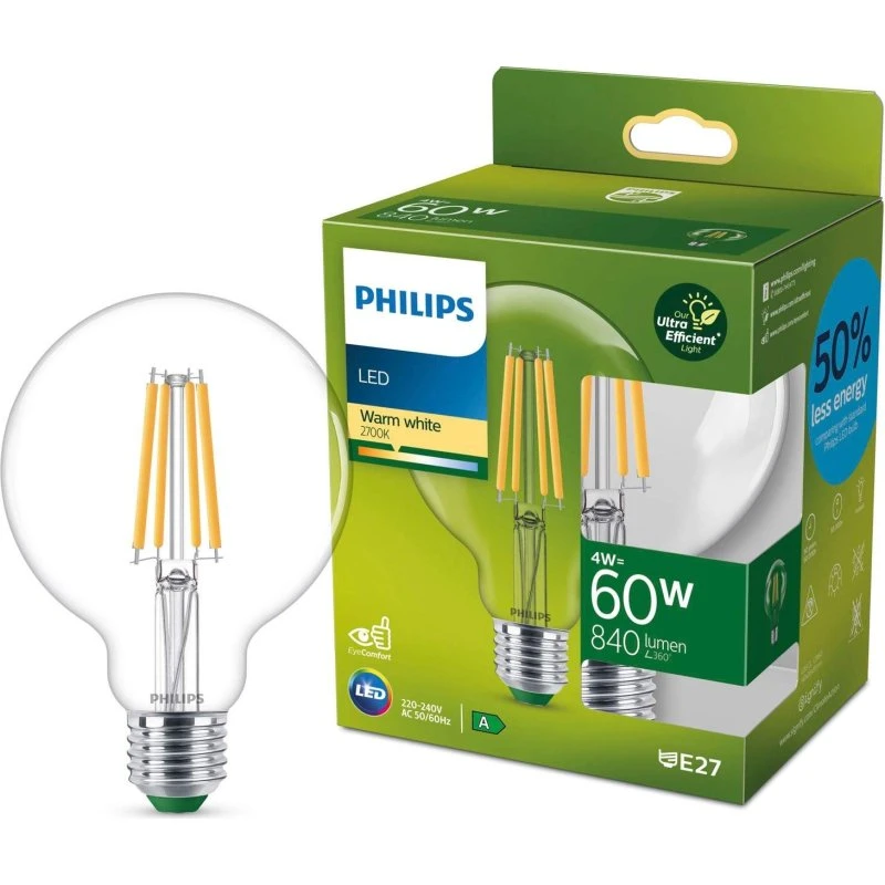 Philips LED E27 G95 4W 2700K 840lm Klar