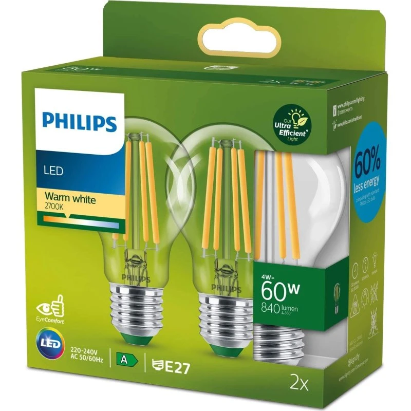 Philips LED E27 4W 2700K 840lm 2-pak