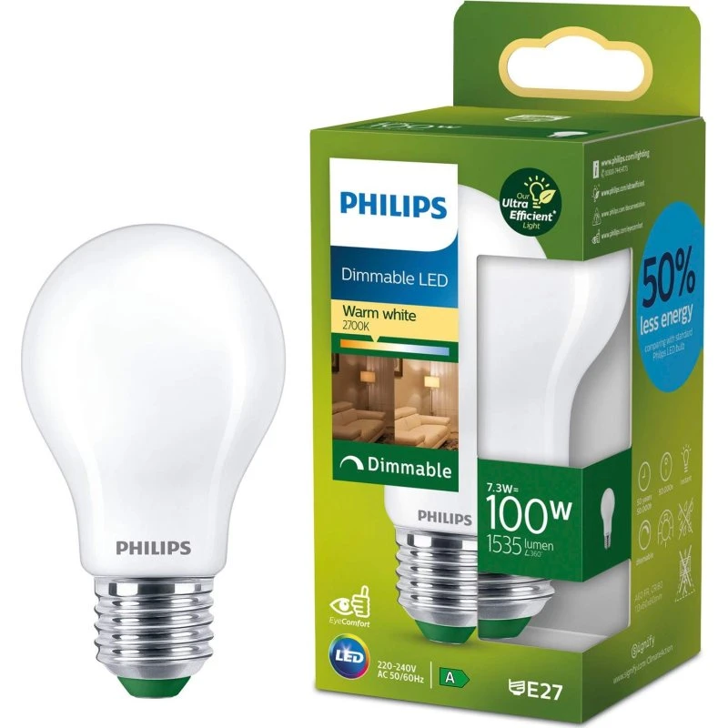 Philips LED A60 E27 7,3W 2700K Dæmpbar 1535lm Frosted
