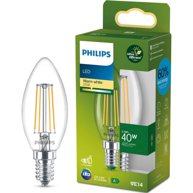 Philips LED Filament Candle B35 E14 2,3W 2700K 485lm