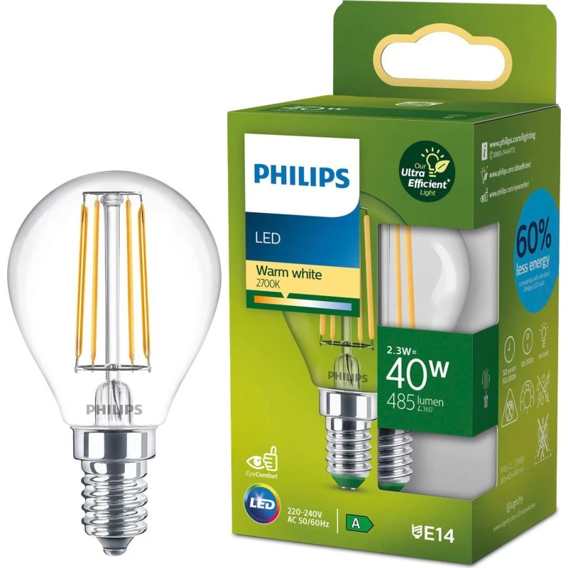 Philips LED E14 P45 2,3W 2700K 485lm Klar