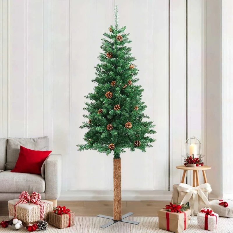 vidaXL Smalt Juletræ 210 cm PVC Grøn med Ægte Træ og Grankogler