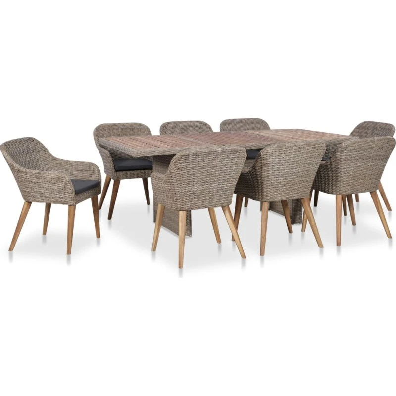 vidaXL Udendørs Spisebordssæt 9 Dele Med Hynder Polyrattan - Brun