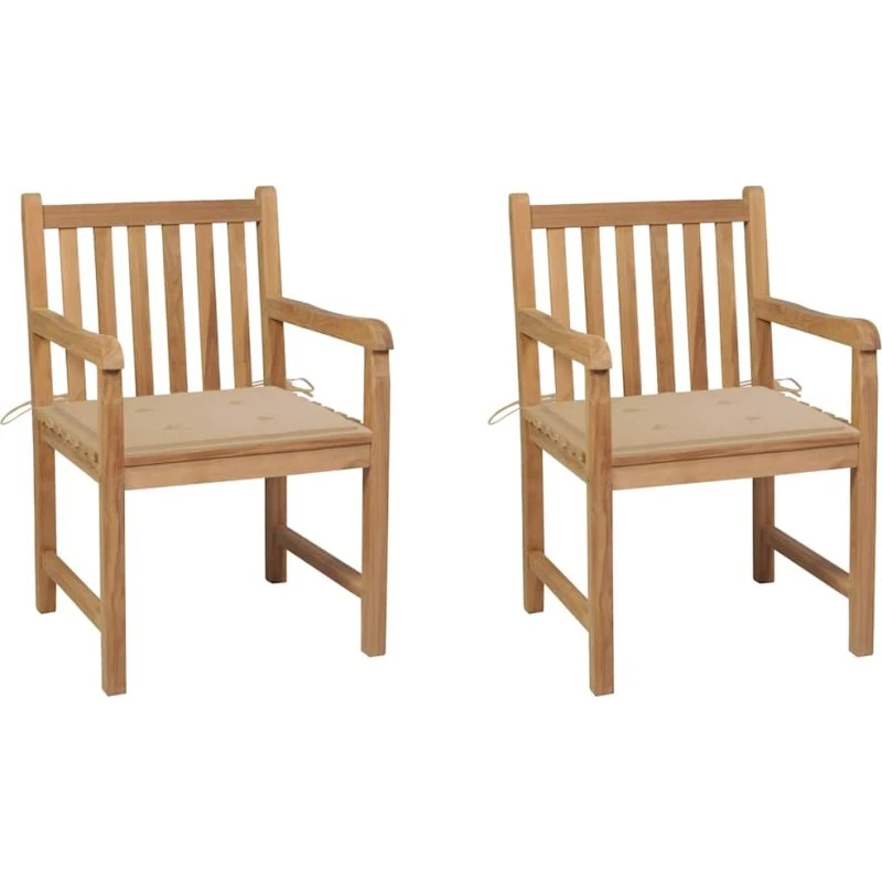 vidaXL Havestole 2 stk. med beige hynder, massivt teaktræ