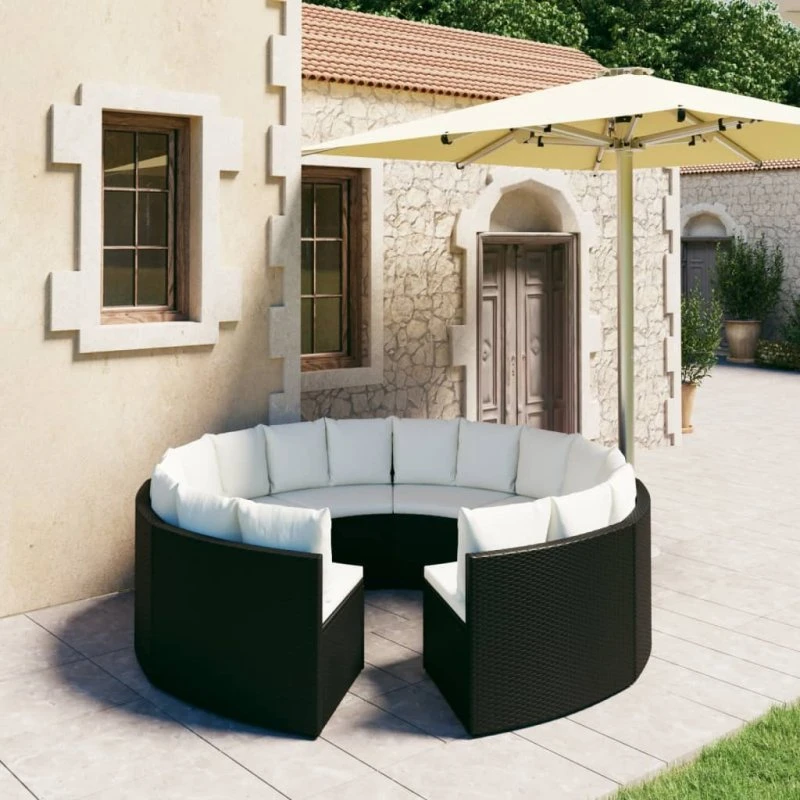 vidaXL 8-delssæt polyrattan sort med hynder