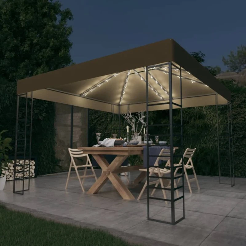 vidaXL pavillon 3x3 m med LED-lyskæder gråbrun