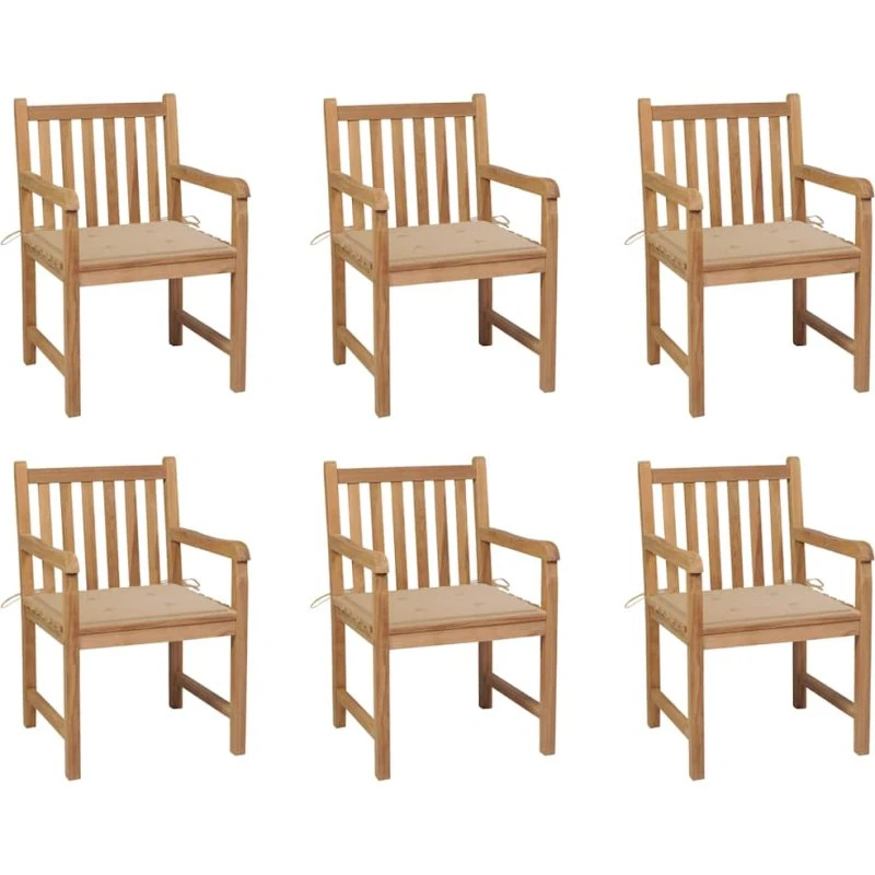 vidaXL Havestole 6 stk. med beige hynder, massivt teaktræ
