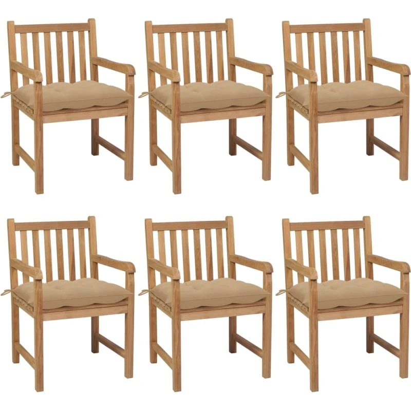 vidaXL Havestole 6 stk. med beige hynder, massivt teaktræ