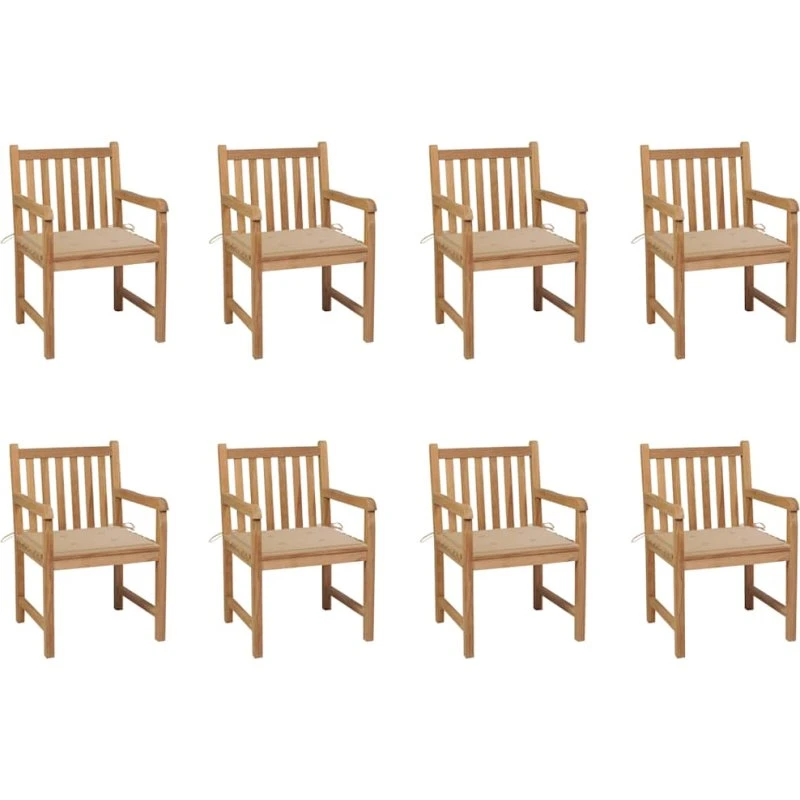 vidaXL Havestole 8 stk. med beige hynder, massivt teaktræ