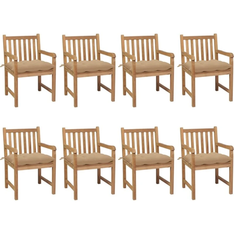 vidaXL Havestole 8 stk. med beige hynder, massivt teaktræ