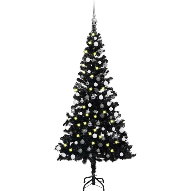 vidaXL Kunstigt Juletræ 180 cm Sort med LED-lys og Kuglesæt
