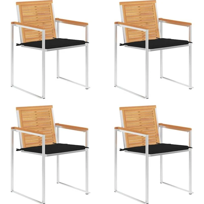 vidaXL Havestole 4 stk. med hynder, massivt teaktræ, rustfrit stål